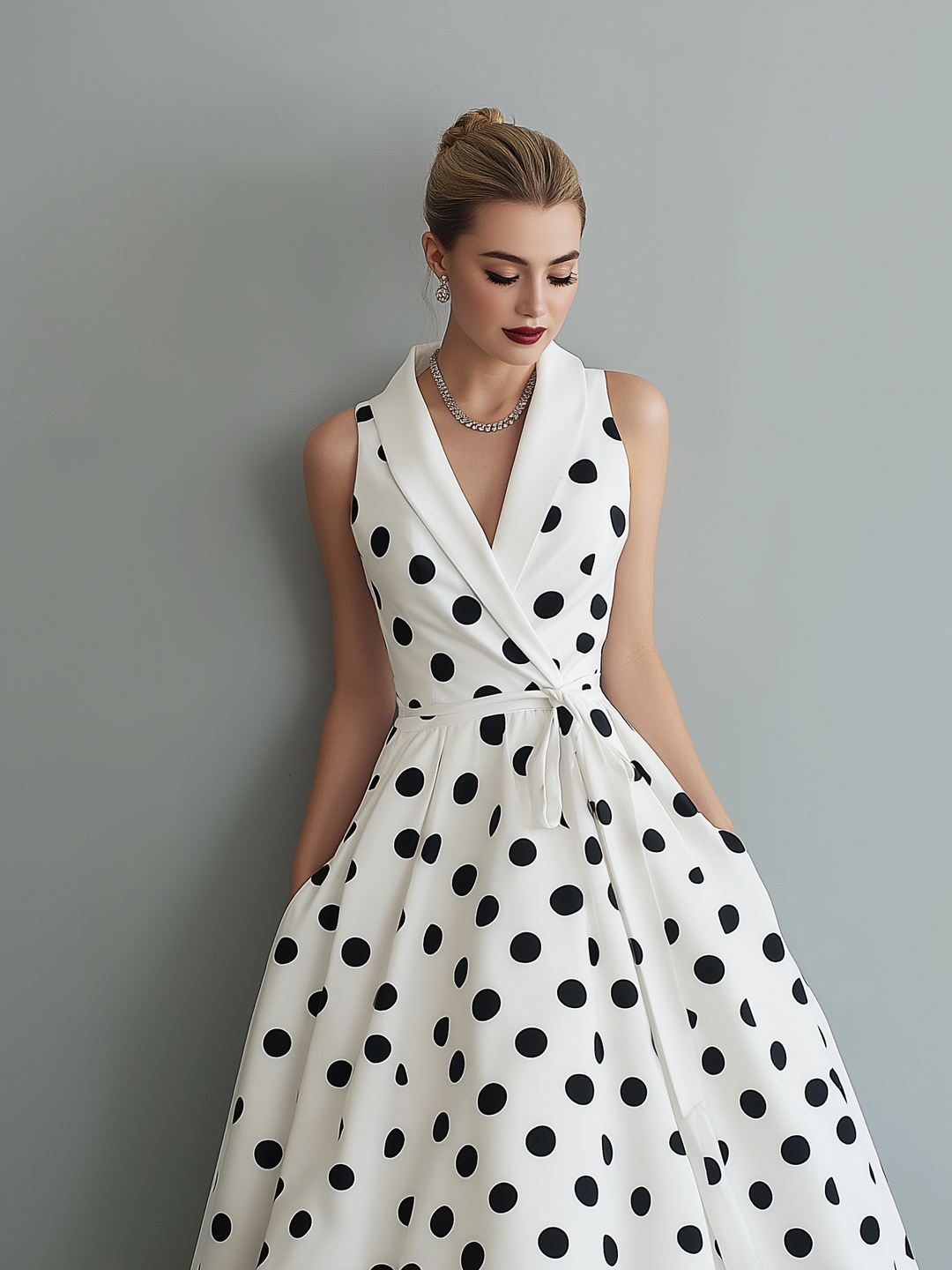 Elegantes Polka-Dot-Midikleid ohne Ärmel