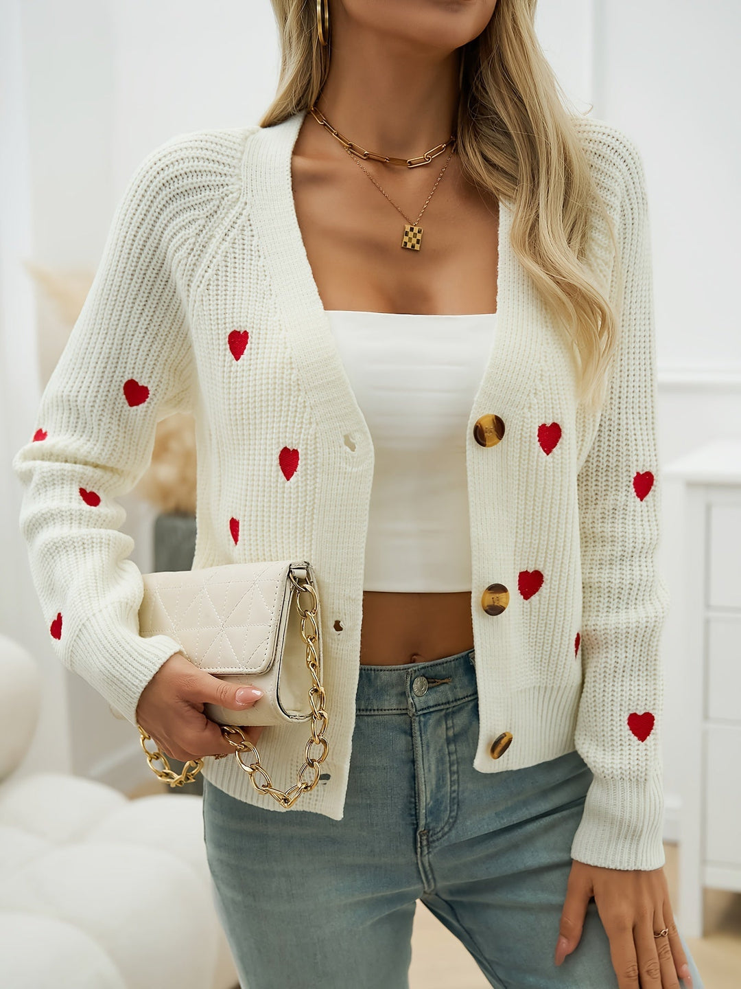 Damen-Strickjacke mit V-Ausschnitt und Herzmuster – Pullover mit Knopfleiste