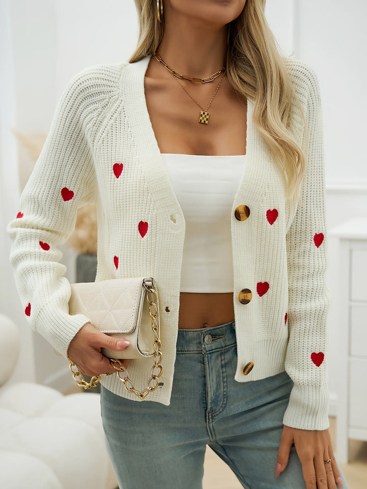 Damen-Strickjacke mit V-Ausschnitt und Herzmuster – Pullover mit Knopfleiste