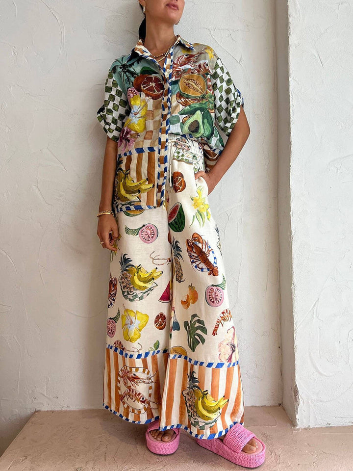Damen Tropisches Früchteprint Hemd Und Weite Hose Set – Sommer Urlaubsoutfit