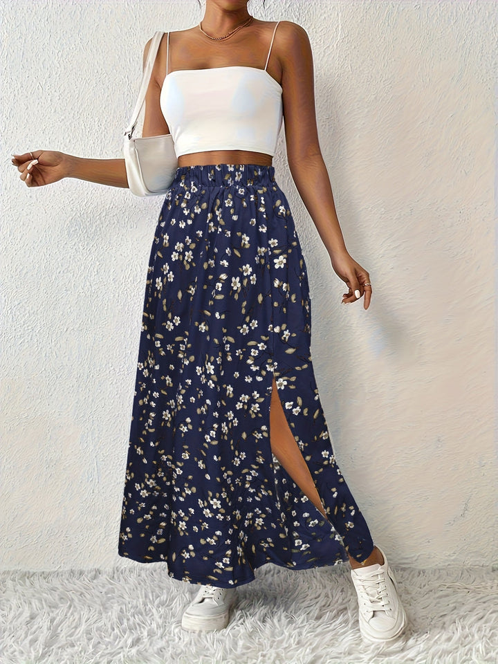 Damen-Maxirock mit hohem Bund und Blumenmuster – Leichtes Modell mit Seitenschlitz