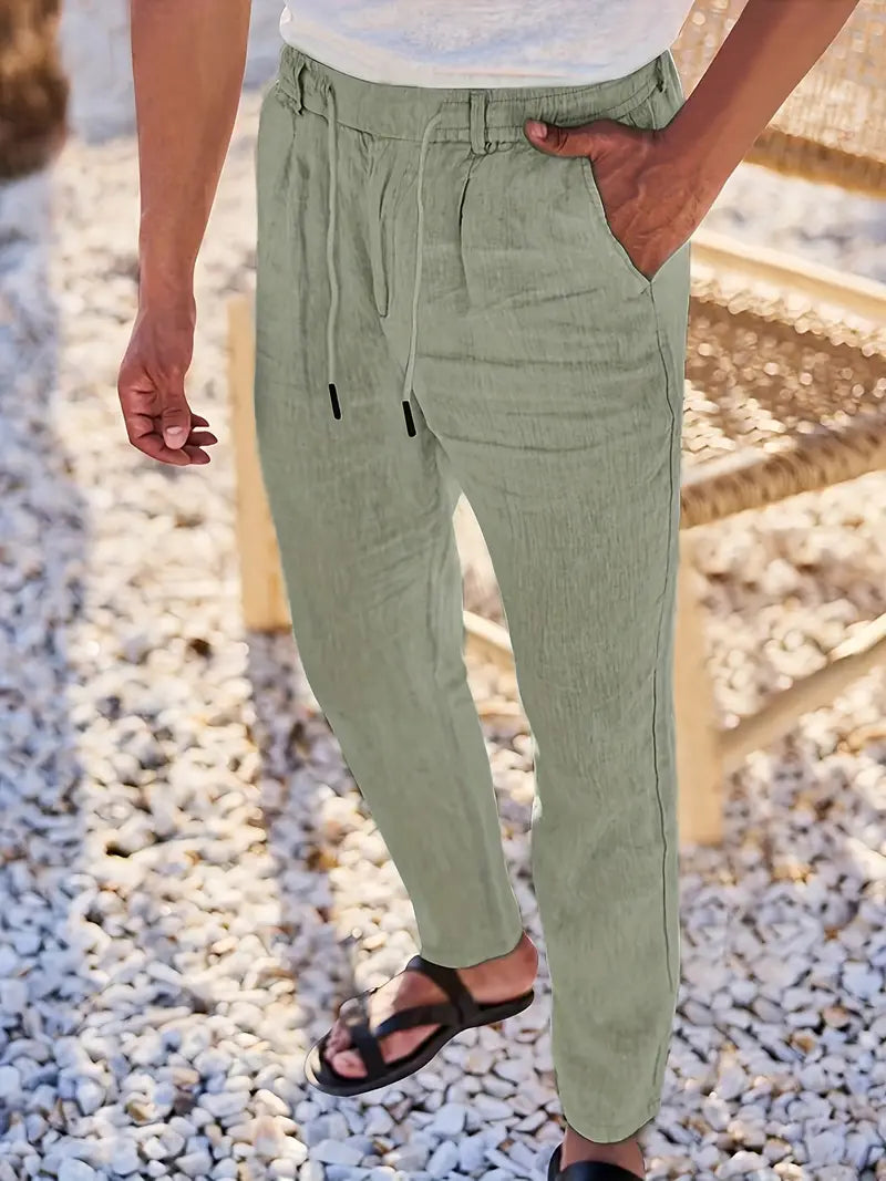 Herren Weit Geschnittene Leinenhose – Freizeit Sommerhose Mit Kordelzug