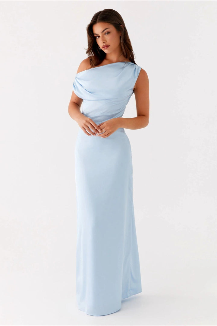 Damen Einfarbiges Maxikleid Mit Asymmetrischem Ausschnitt – Abendkleid