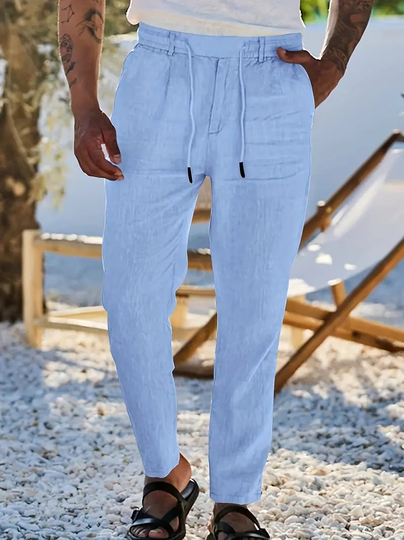 Herren Weit Geschnittene Leinenhose – Freizeit Sommerhose Mit Kordelzug