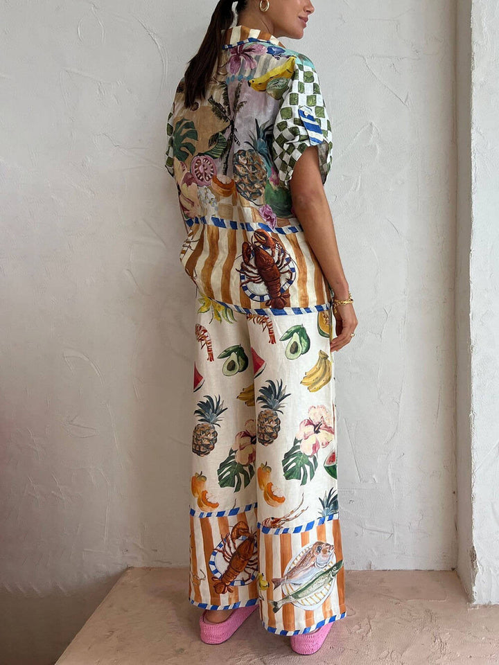 Damen Tropisches Früchteprint Hemd Und Weite Hose Set – Sommer Urlaubsoutfit