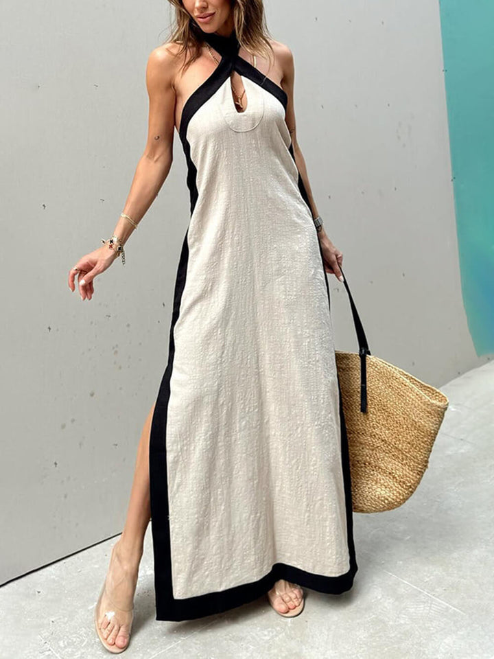 Damen Farbblock Halterneck Maxikleid Mit Seitenschlitz – Elegantes Kleid