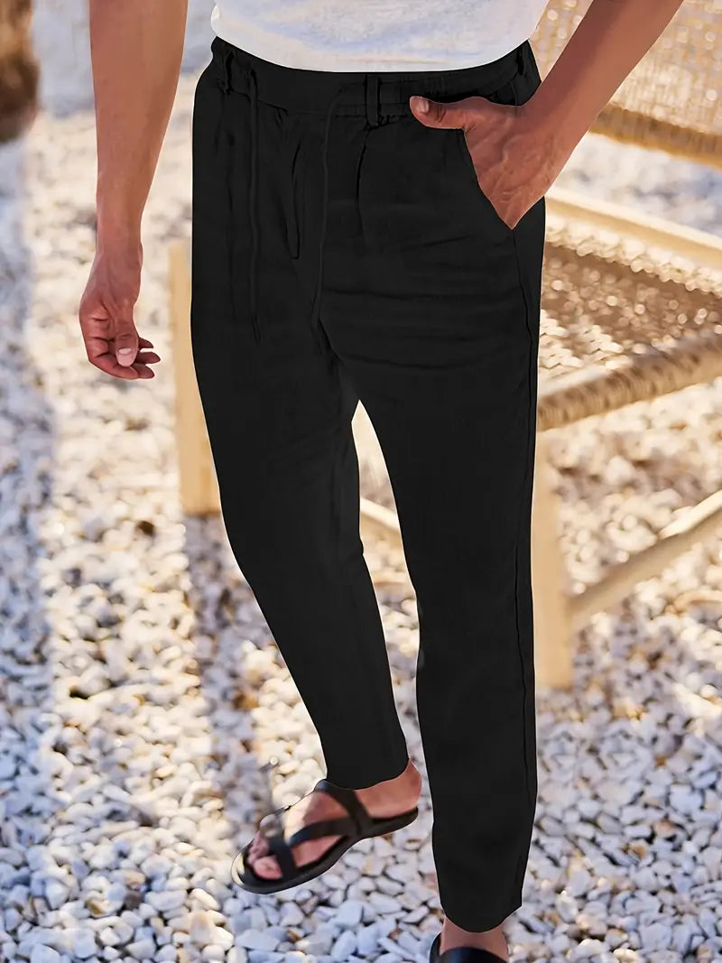 Herren Weit Geschnittene Leinenhose – Freizeit Sommerhose Mit Kordelzug