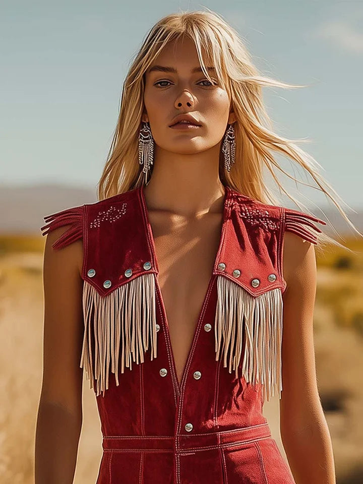 Western-Jumpsuit für Damen aus rotem Wildleder mit Quasten – Cowboy-Fransen-Knopf-Overall