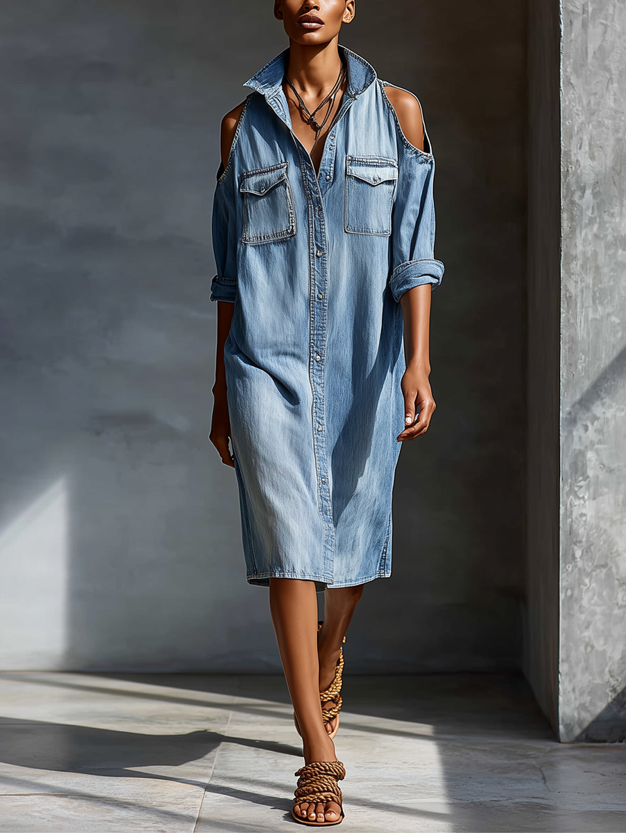 Jeans-Midikleid mit Cut-outs an den Schultern