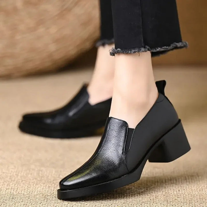 Damen Spitze Leder Loafer Mit Blockabsatz – Freizeit Schuhe