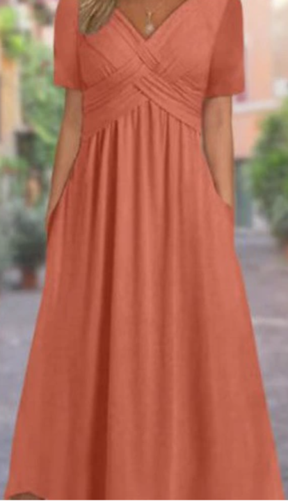 Damen Kurzarm V-Ausschnitt Maxikleid