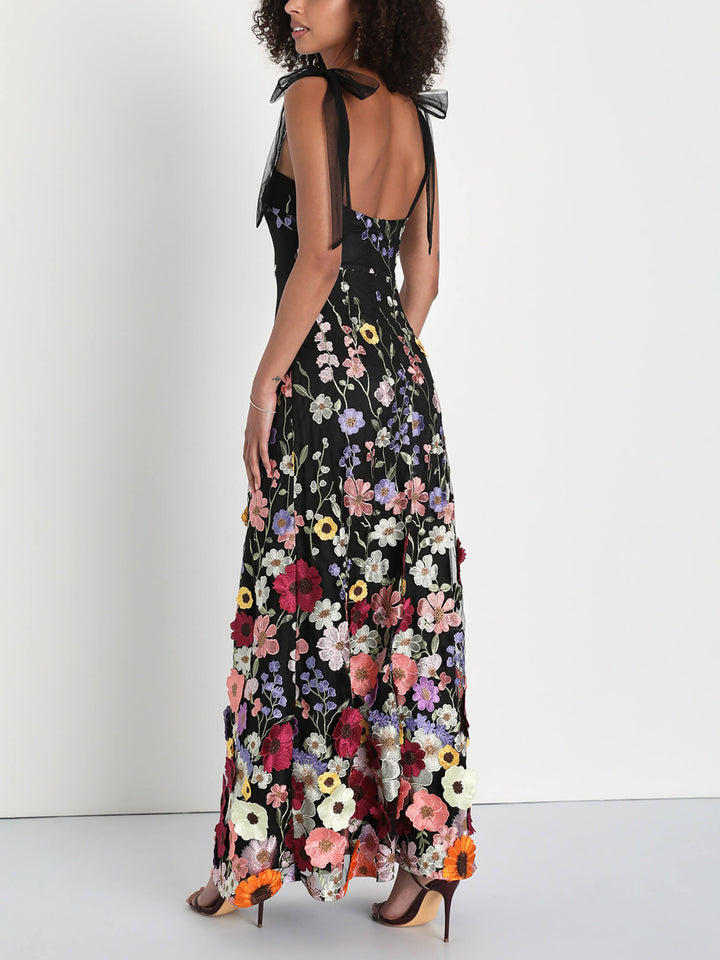 Damen Elegantes 3D Besticktes Blumen Maxikleid – Luxuriöses Abendkleid