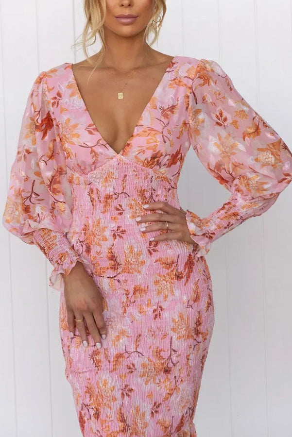 Damen Chiffon Blumen Langarm Kleid
