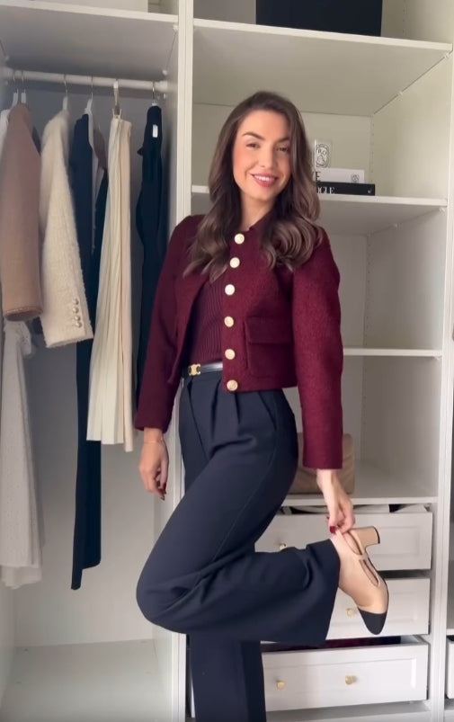 Damen Bordeaux Tweed Dreiteiliges Set – Elegantes Jacken Outfit