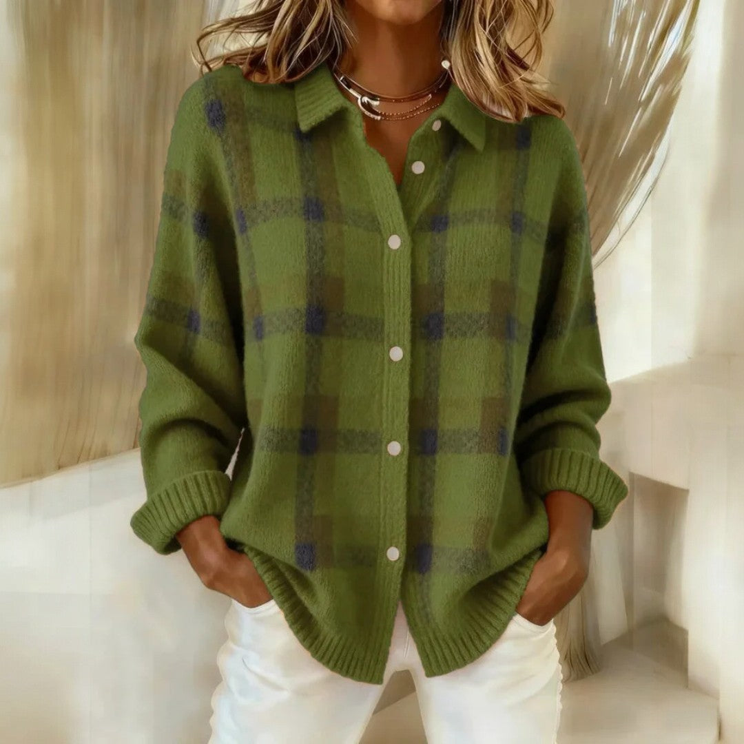 Damen Locker Geschnittener Knopfstrick Cardigan - Stilvolles Karo Design