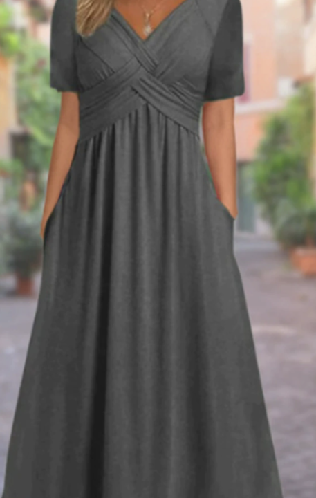 Damen Kurzarm V-Ausschnitt Maxikleid