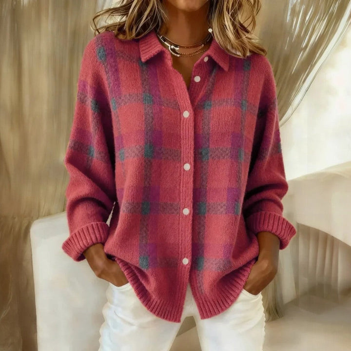 Damen Locker Geschnittener Knopfstrick Cardigan - Stilvolles Karo Design