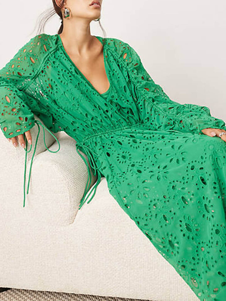 Damen V-Ausschnitt Oversize Maxi Spitzenkleid Mit Geraffter Taille – Elegantes Fließendes Kleid