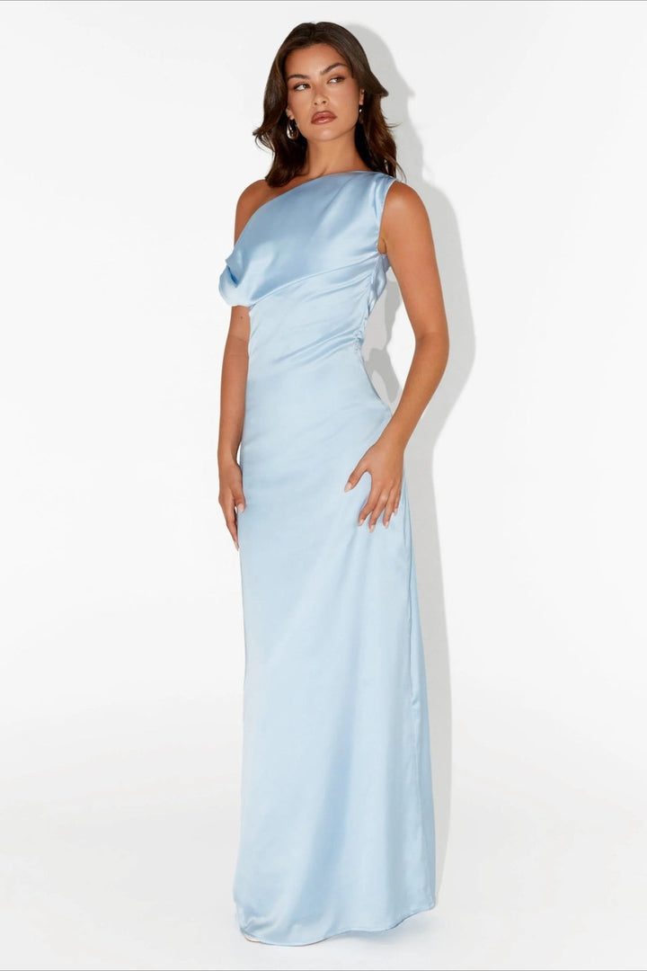 Damen Einfarbiges Maxikleid Mit Asymmetrischem Ausschnitt – Abendkleid