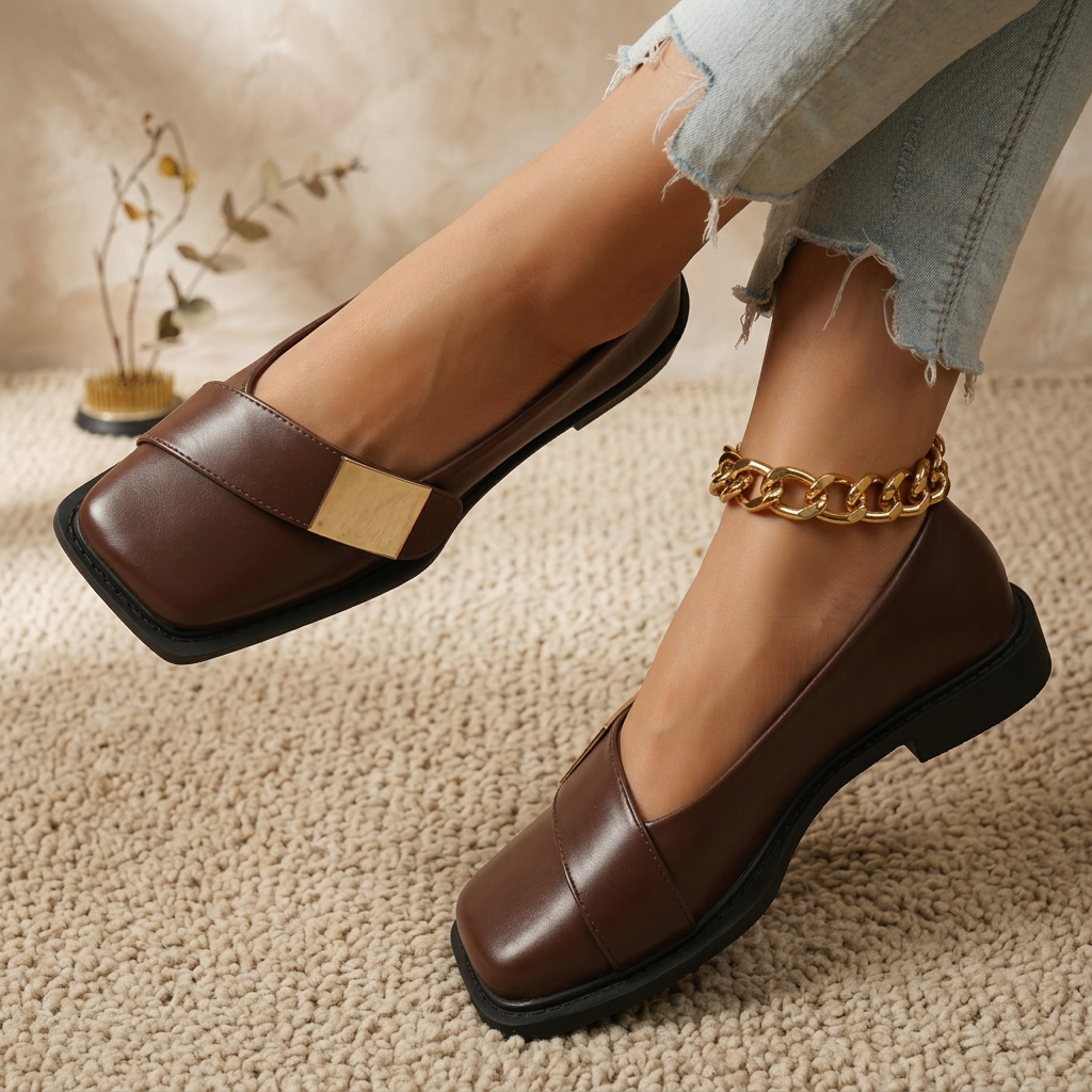 Damen Quadratische Slip-On Loafer Flats – Modische Freizeitschuhe