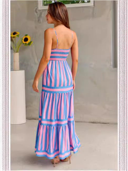 Damen Langes Kleid Mit Spaghettiträgern Und Streifenmuster