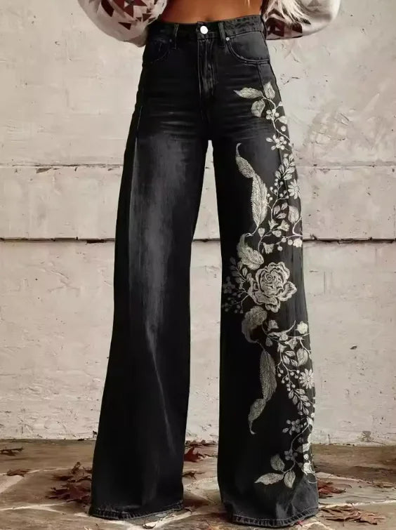 Damen-Jeans mit weitem Bein und Print – Schlaghose aus Denim mit Statement-Charakter.