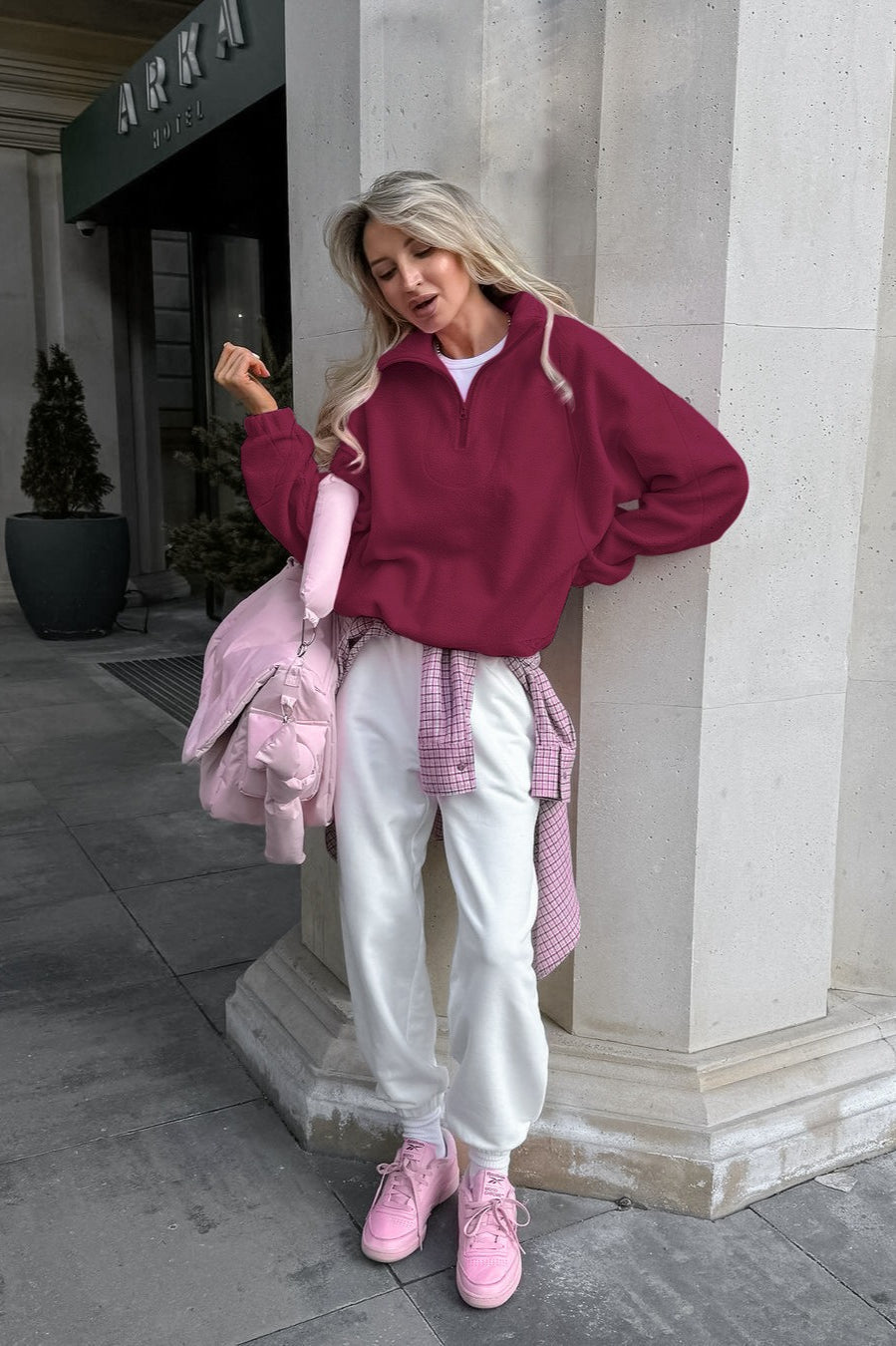 Damen Rosa Sherpa Kragen Übergroß Hoodie - Gemütlicher Pullover