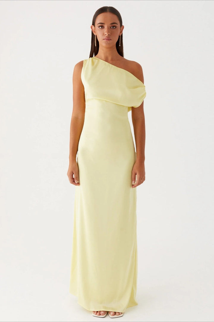 Damen Einfarbiges Maxikleid Mit Asymmetrischem Ausschnitt – Abendkleid