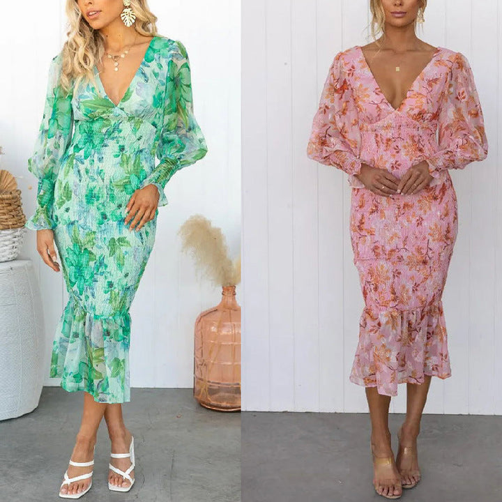 Damen Chiffon Blumen Langarm Kleid