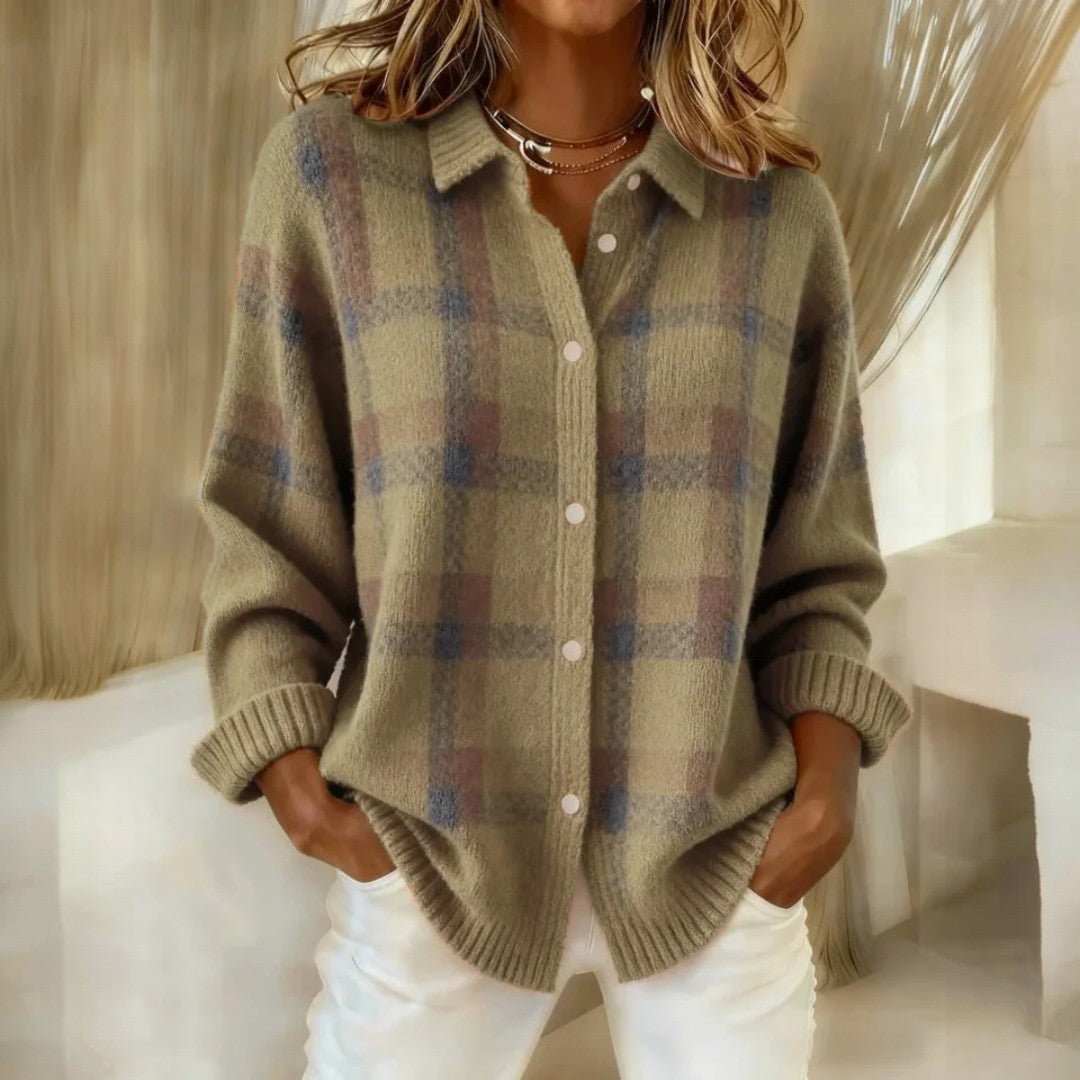 Damen Locker Geschnittener Knopfstrick Cardigan - Stilvolles Karo Design