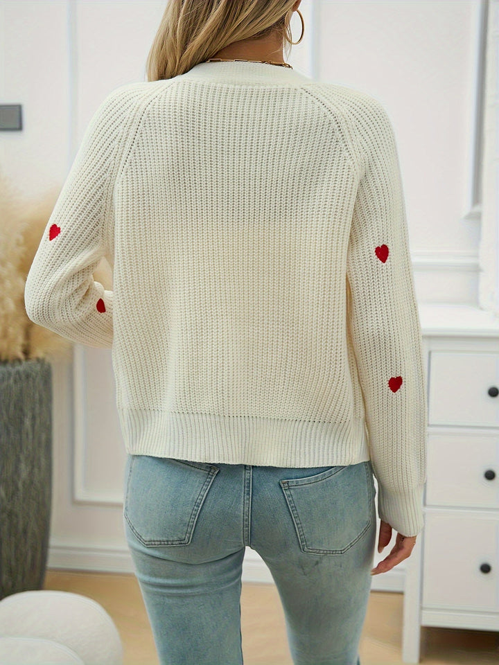 Damen-Strickjacke mit V-Ausschnitt und Herzmuster – Pullover mit Knopfleiste