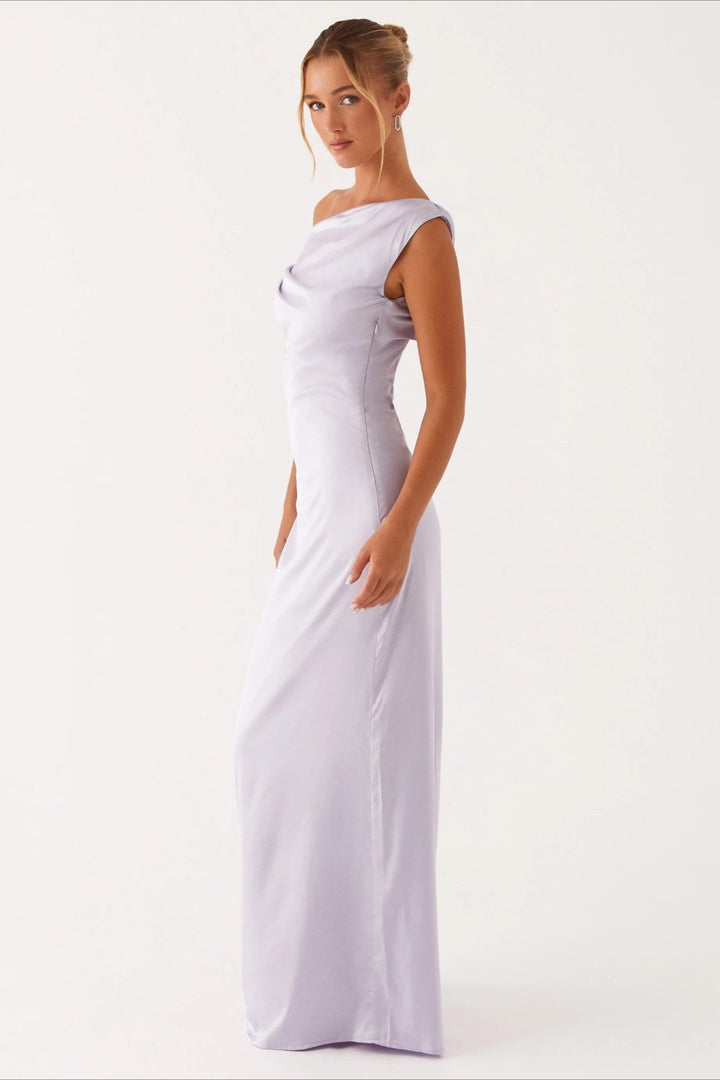 Damen Einfarbiges Maxikleid Mit Asymmetrischem Ausschnitt – Abendkleid