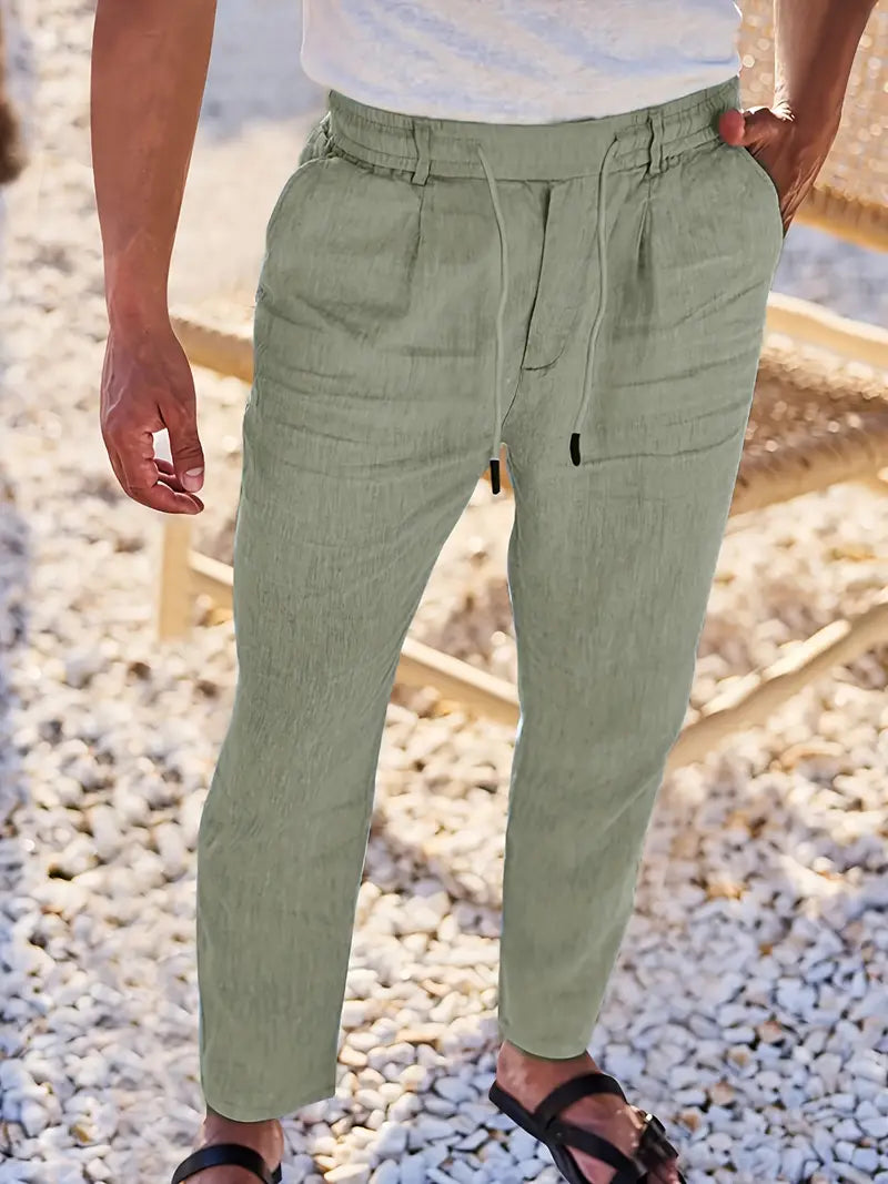 Herren Weit Geschnittene Leinenhose – Freizeit Sommerhose Mit Kordelzug