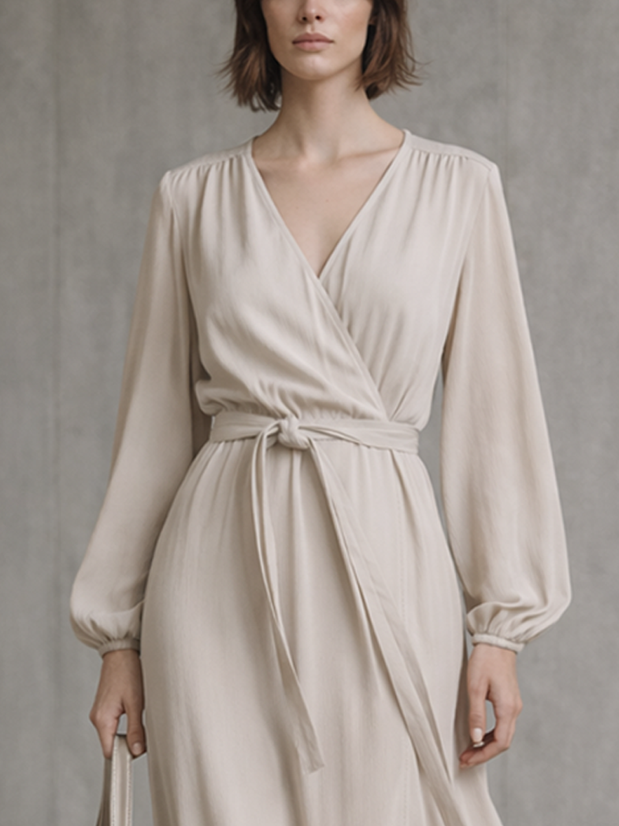 Beiges Wickel-Midikleid mit Volantsaum und Bindegürtel