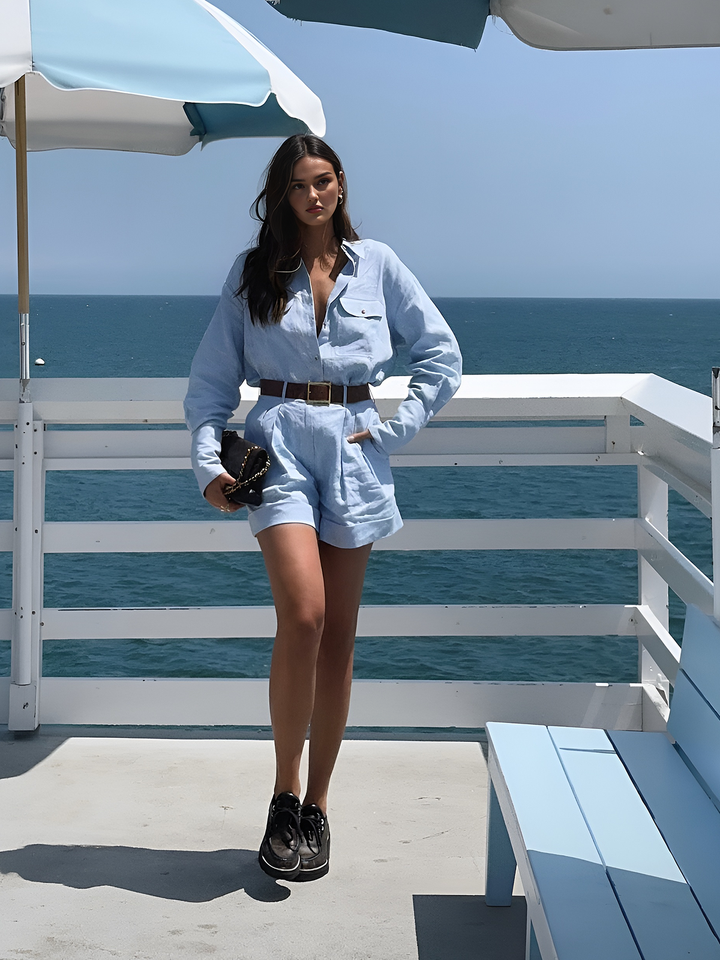 Damen Langarmshirt Und Plissierte Shorts Set – Schickes Sommeroutfit