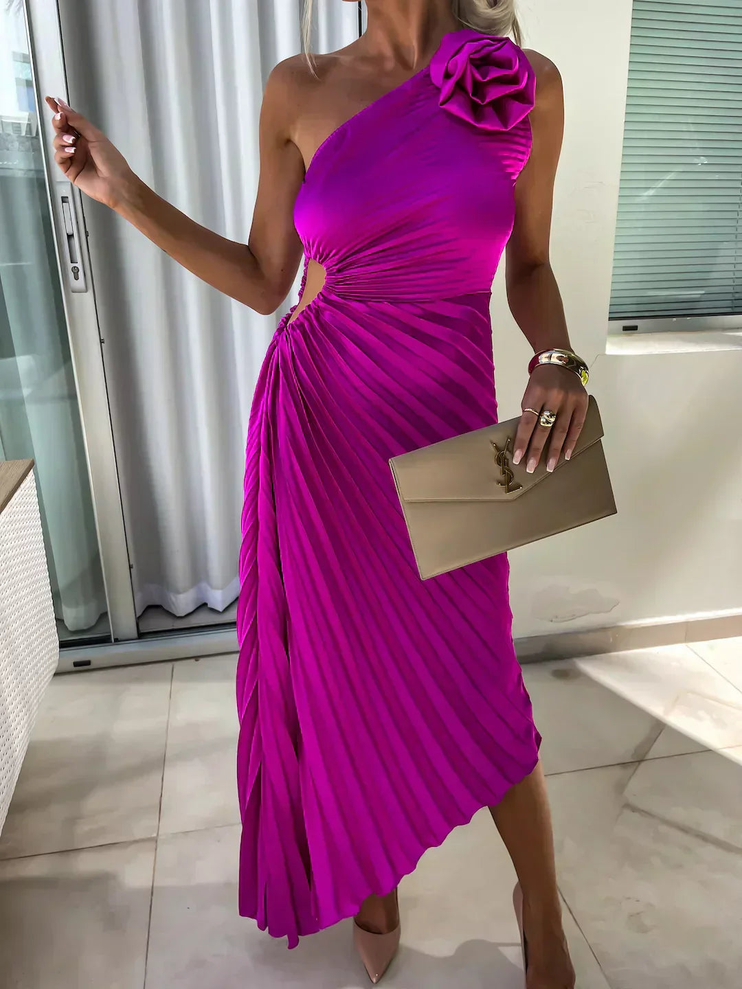 Damen Ein-Schulter Plissiertes Elegantes Kleid – Fließendes Abendkleid