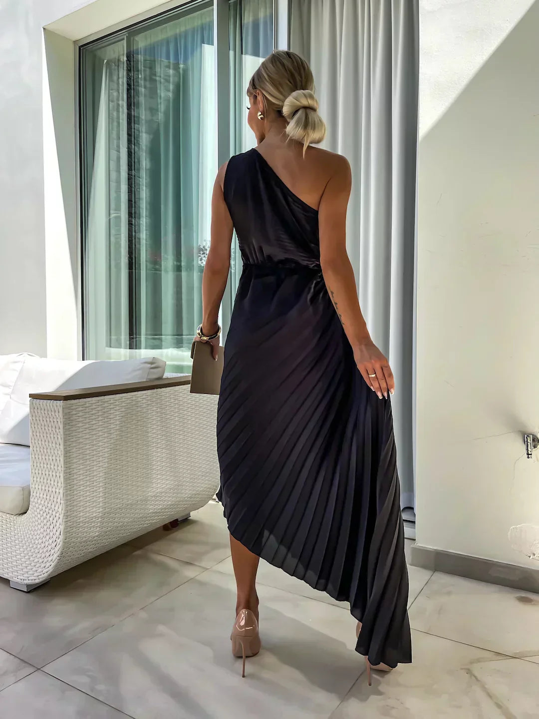 Damen Ein-Schulter Plissiertes Elegantes Kleid – Fließendes Abendkleid