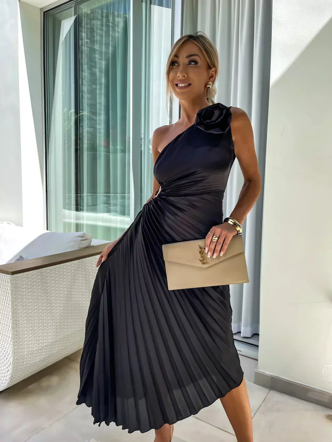 Damen Ein-Schulter Plissiertes Elegantes Kleid – Fließendes Abendkleid