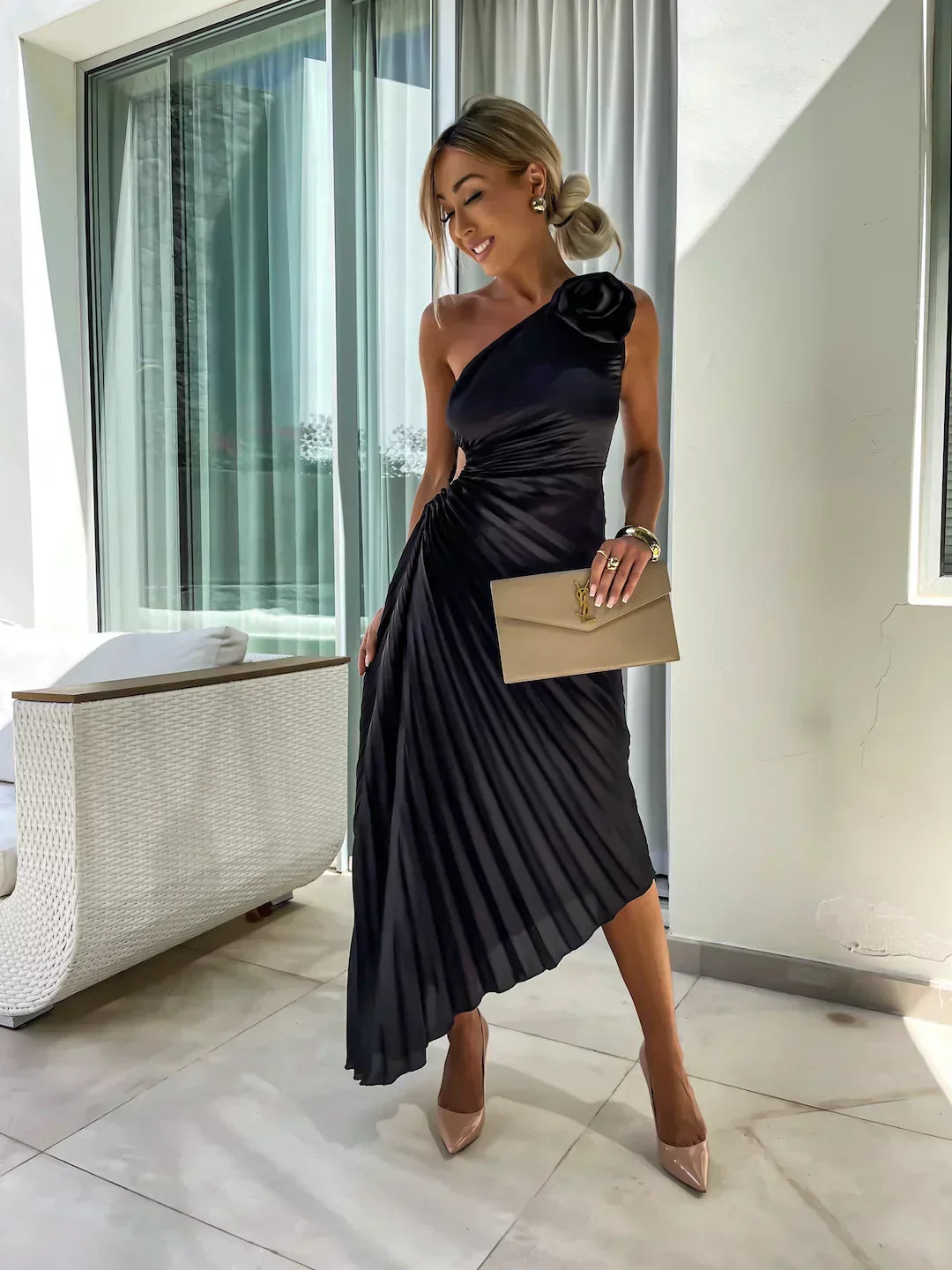 Damen Ein-Schulter Plissiertes Elegantes Kleid – Fließendes Abendkleid