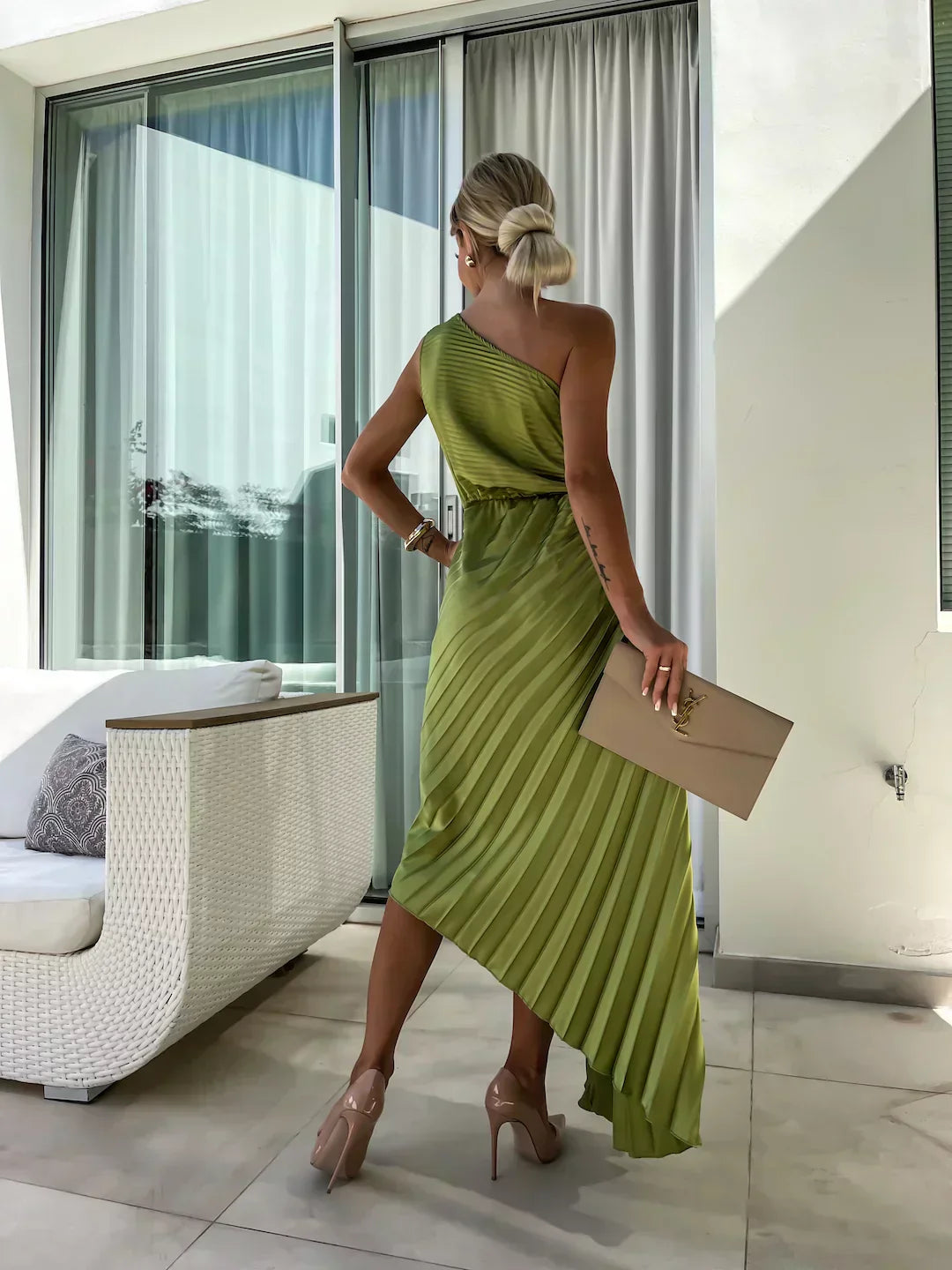 Damen Ein-Schulter Plissiertes Elegantes Kleid – Fließendes Abendkleid