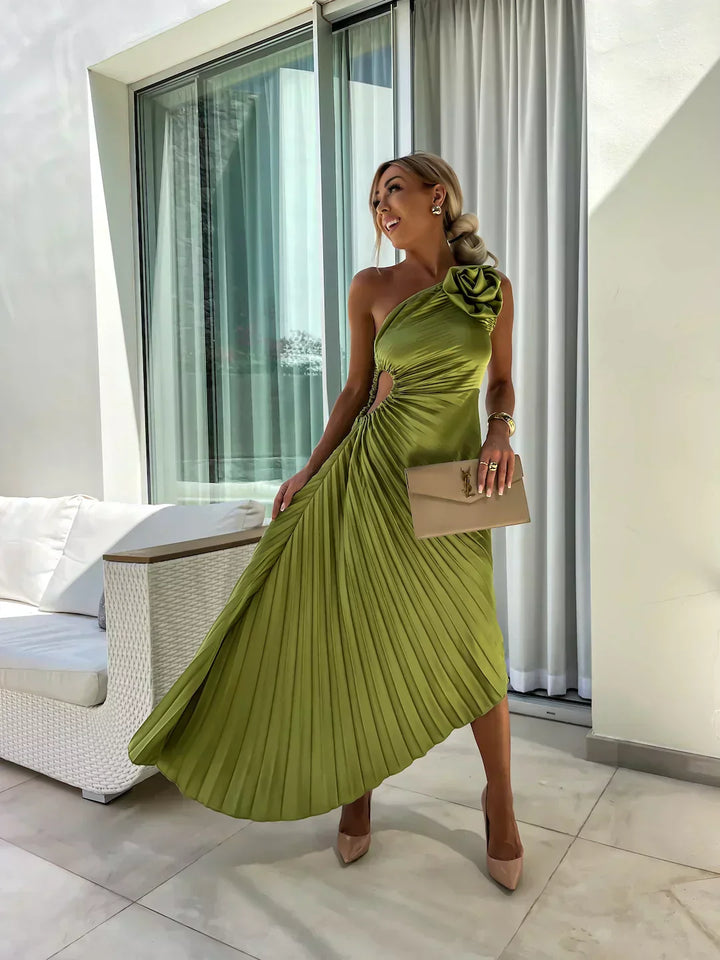 Damen Ein-Schulter Plissiertes Elegantes Kleid – Fließendes Abendkleid