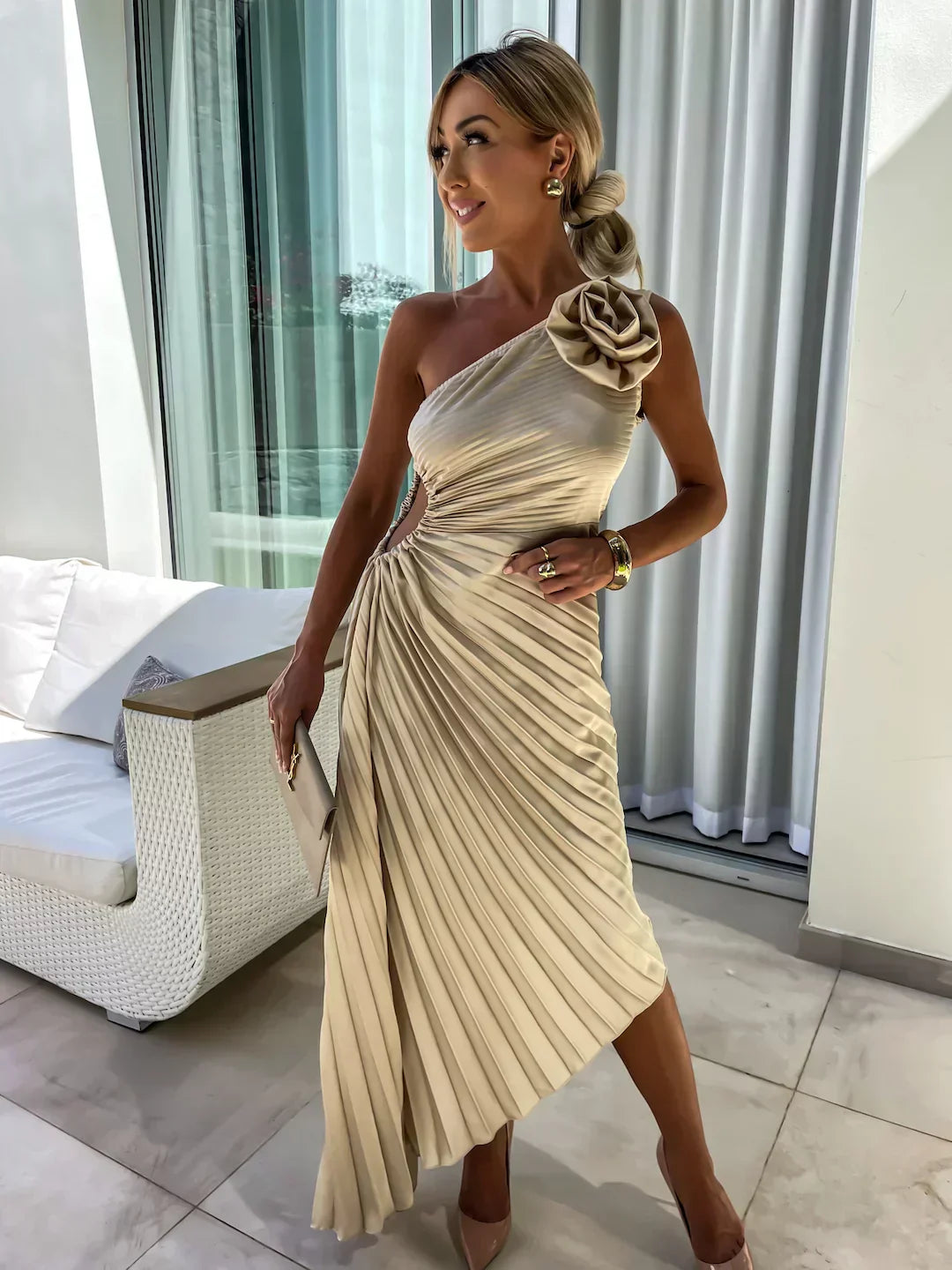 Damen Ein-Schulter Plissiertes Elegantes Kleid – Fließendes Abendkleid