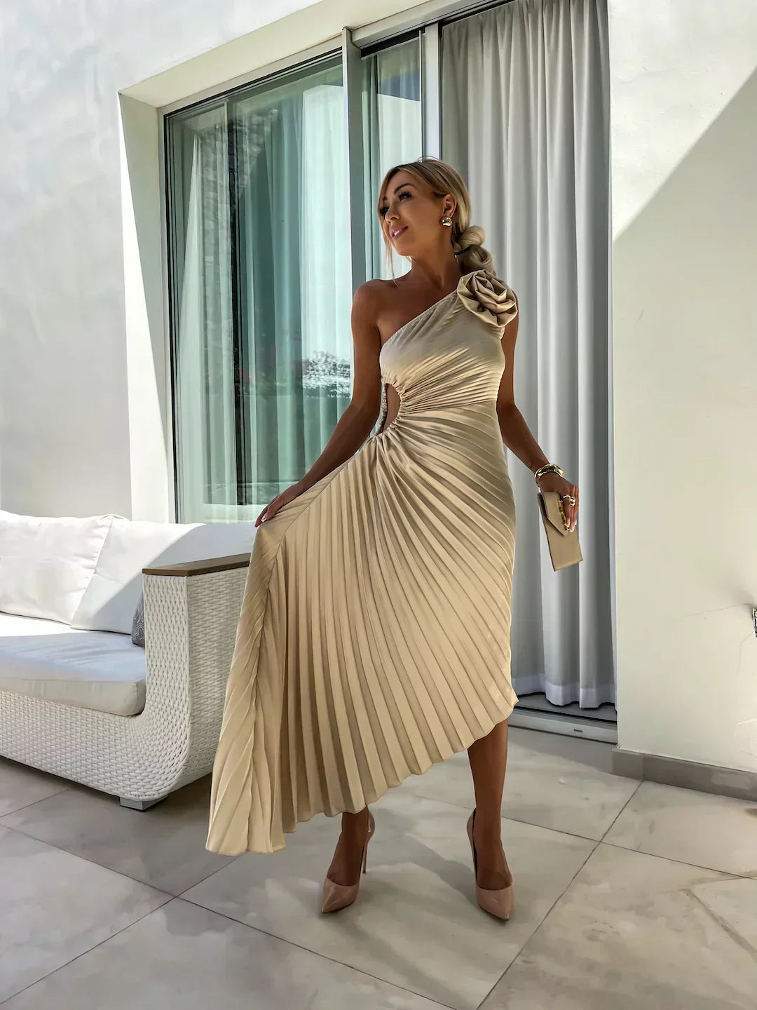 Damen Ein-Schulter Plissiertes Elegantes Kleid – Fließendes Abendkleid