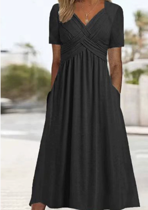 Damen Kurzarm V-Ausschnitt Maxikleid