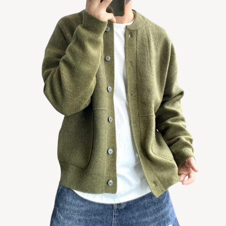Herren-Strickjacke aus Wolle mit Rundhalsausschnitt – Strickweste mit Knopfleiste