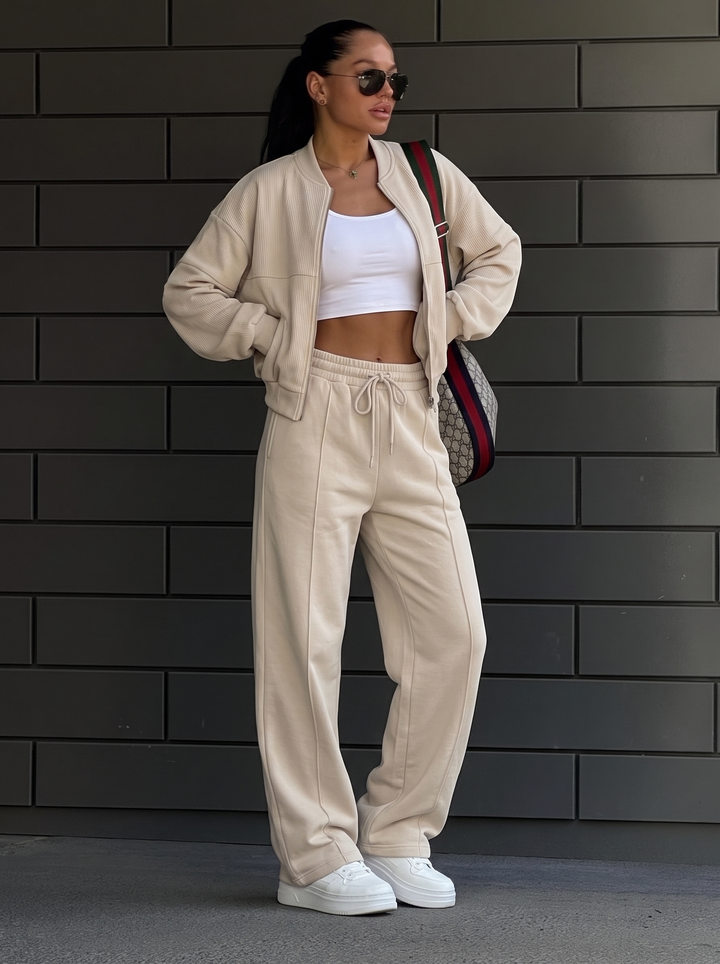 Damen Neutralfarbiges Lockeres Trainingsanzug Set – Lässiges Lounge Outfit