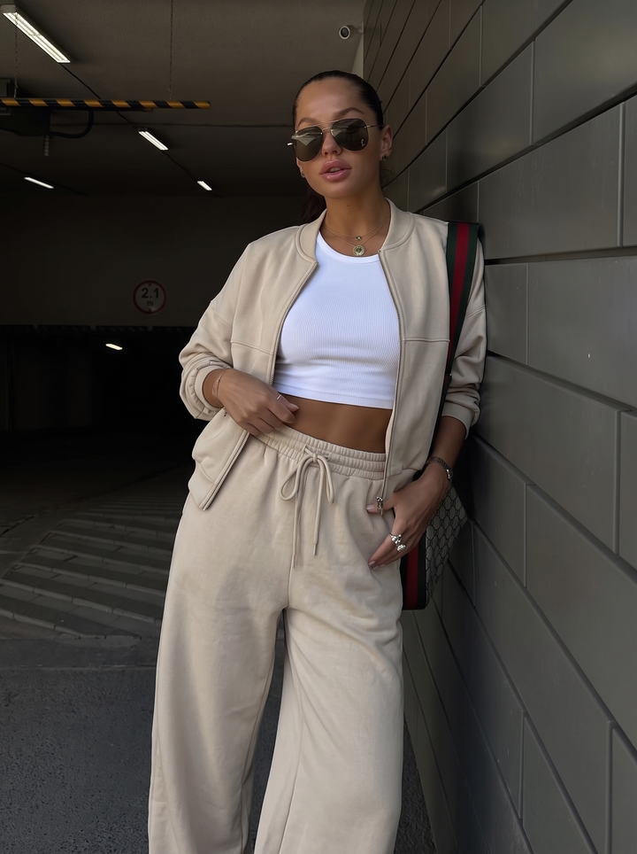 Damen Neutralfarbiges Lockeres Trainingsanzug Set – Lässiges Lounge Outfit