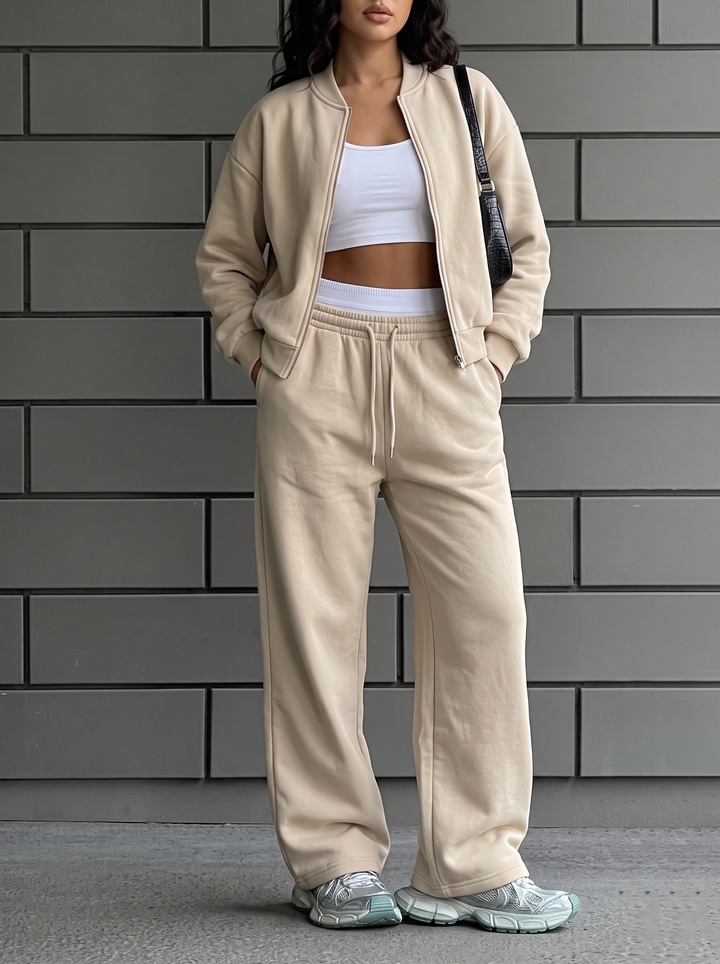 Damen Neutralfarbiges Lockeres Trainingsanzug Set – Lässiges Lounge Outfit