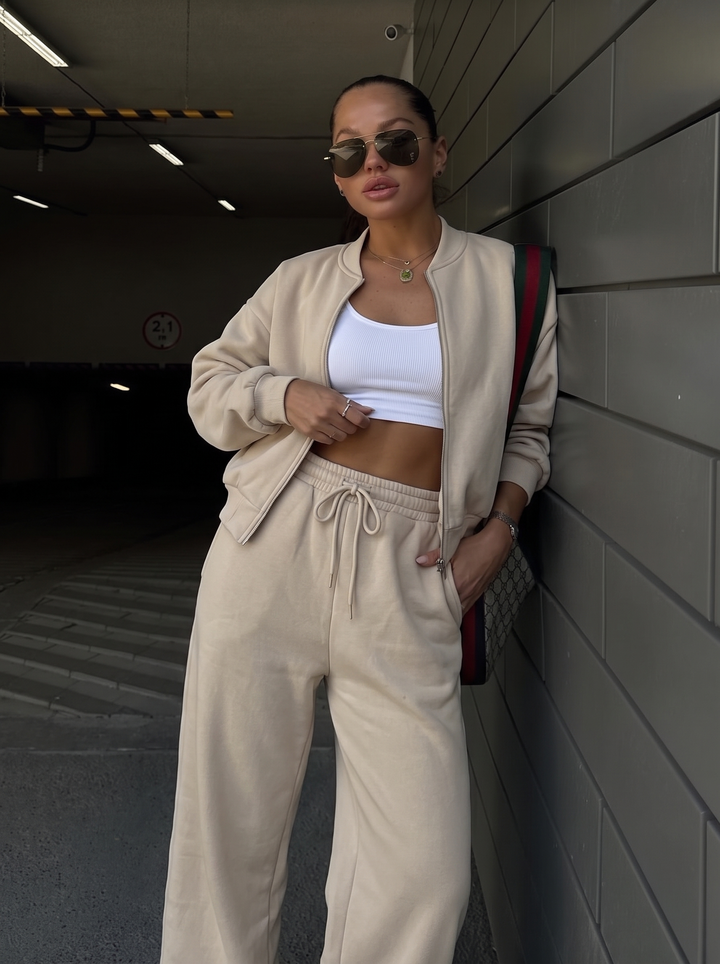 Damen Neutralfarbiges Lockeres Trainingsanzug Set – Lässiges Lounge Outfit