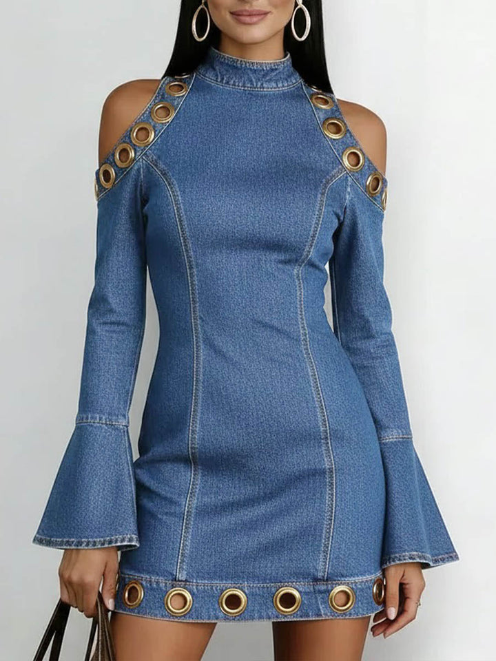 Kurzes Jeanskleid mit langen Ärmeln – Minikleid mit Ringmuster